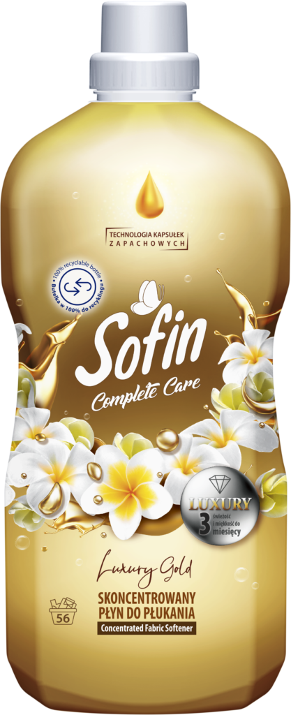 The package of liquid SOFIN COMPLETE CARE & Luxury with the Luxury Gold scent
