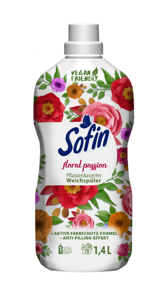 Sofin Floral Passion pflanzenbasierter Weichspüler, 1400 ml Inhalt sind ausreichend für 70 Wäschen